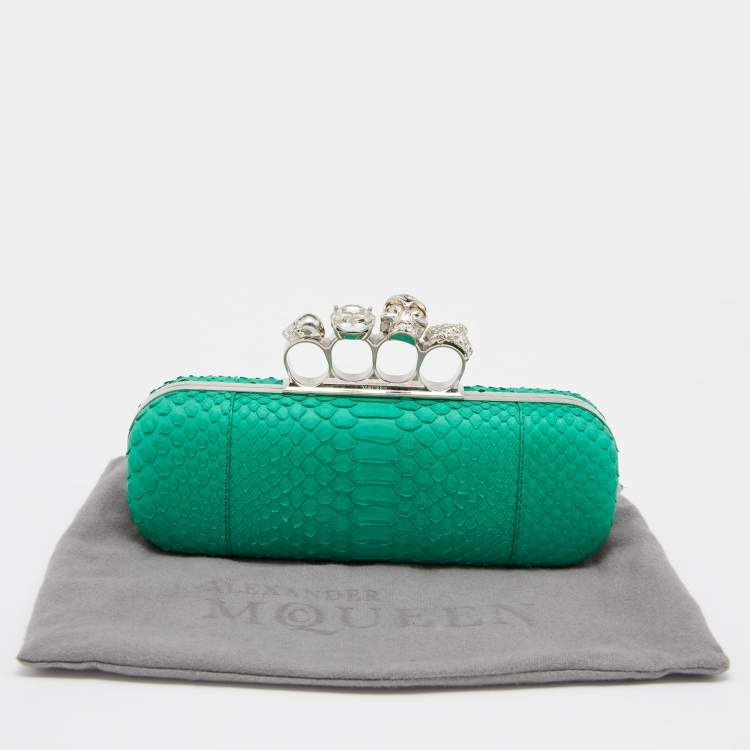 Pre Owned Alexander McQueen Green Python Skull Knuckle Box Clutch