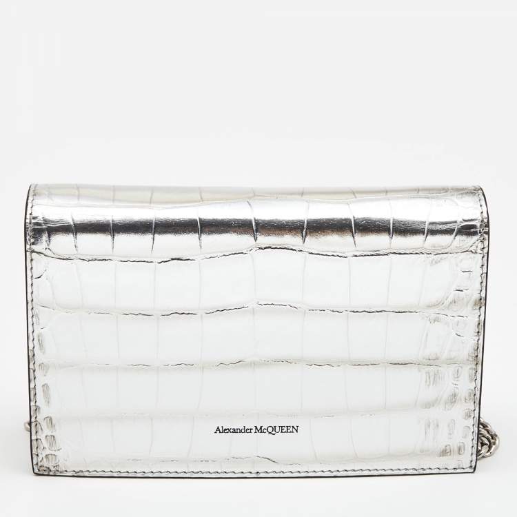 Pre Owned Alexander McQueen Silver Croc Embossed Leather Small Skull Shoulder Bag 