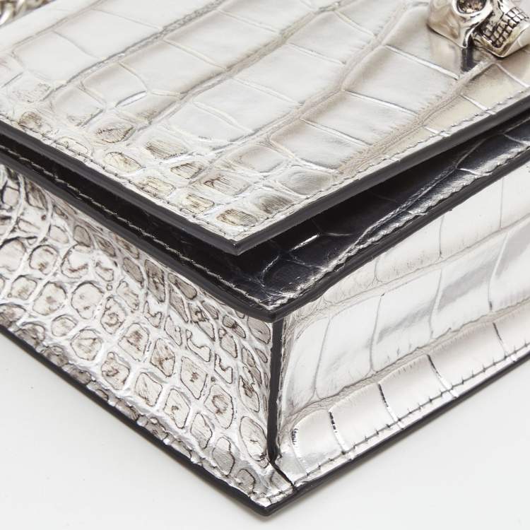 Pre Owned Alexander McQueen Silver Croc Embossed Leather Small Skull Shoulder Bag 