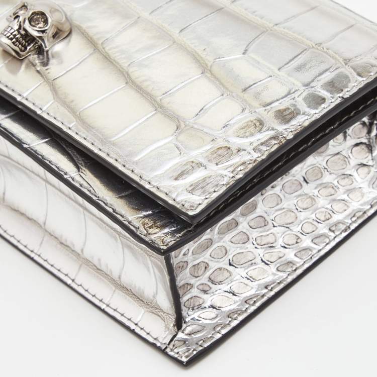 Pre Owned Alexander McQueen Silver Croc Embossed Leather Small Skull Shoulder Bag 