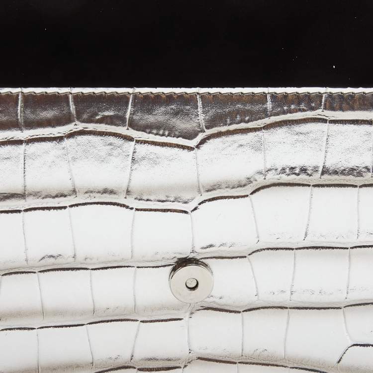 Pre Owned Alexander McQueen Silver Croc Embossed Leather Small Skull Shoulder Bag 