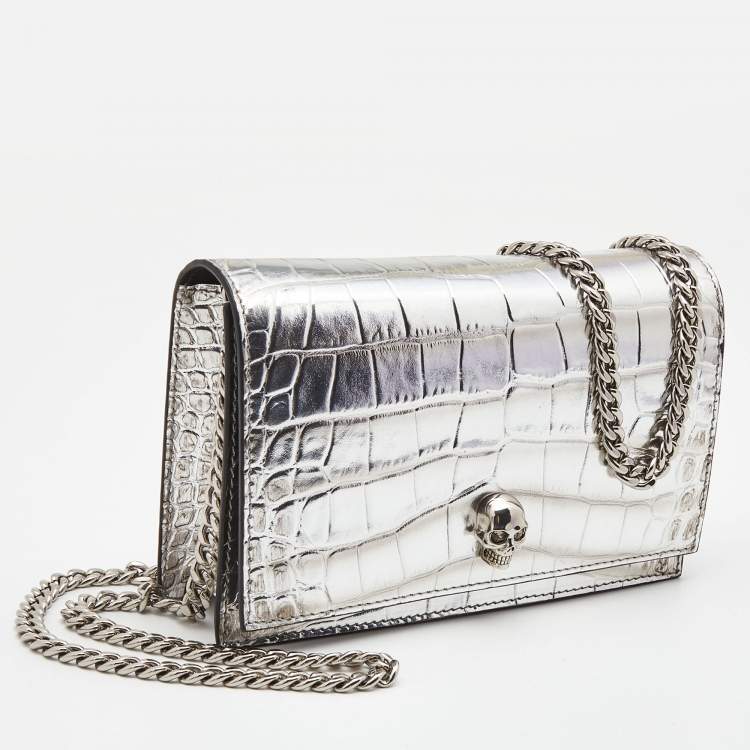 Pre Owned Alexander McQueen Silver Croc Embossed Leather Small Skull Shoulder Bag 