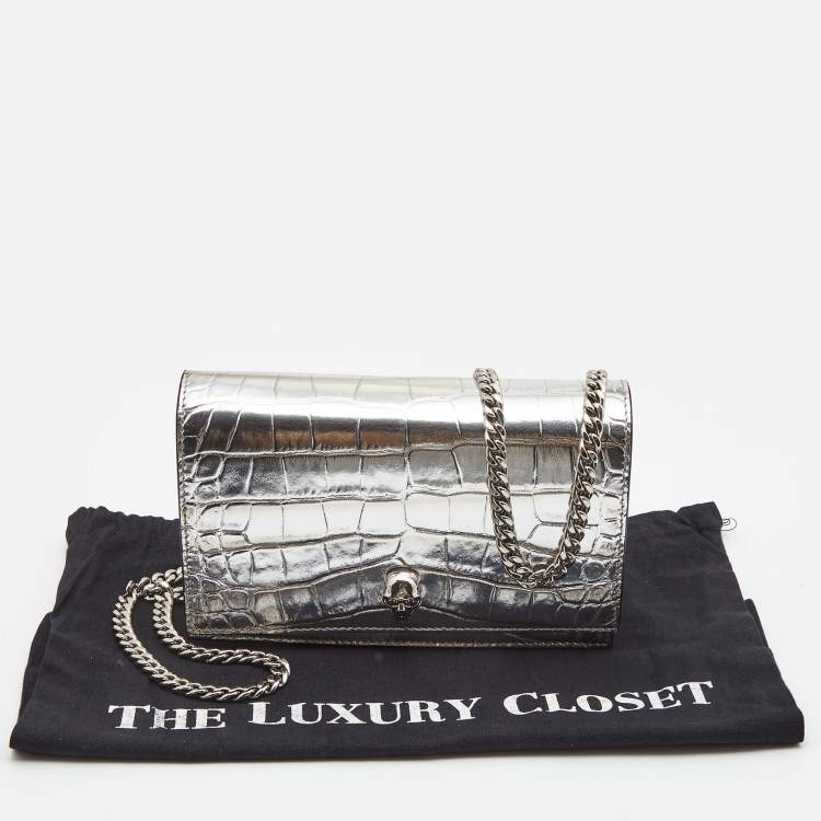 Pre Owned Alexander McQueen Silver Croc Embossed Leather Small Skull Shoulder Bag 