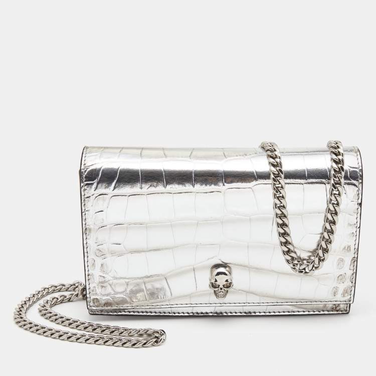Pre Owned Alexander McQueen Silver Croc Embossed Leather Small Skull Shoulder Bag 