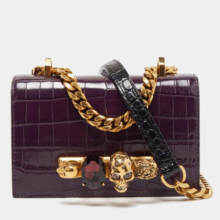 Pre Owned Alexander McQueen Purple Croc Embossed Leather Skull 4ring Shoulder Bag 