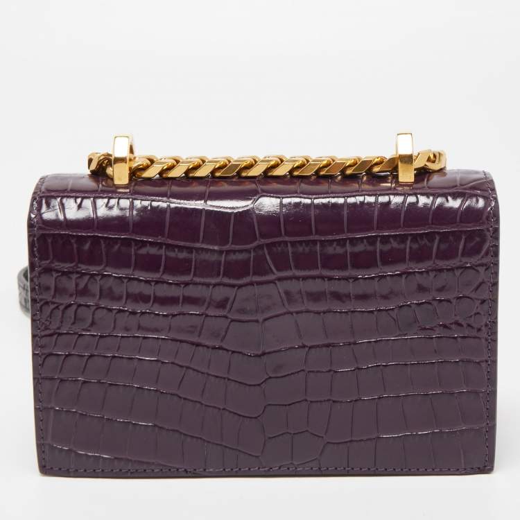 Pre Owned Alexander McQueen Purple Croc Embossed Leather Skull 4ring Shoulder Bag 
