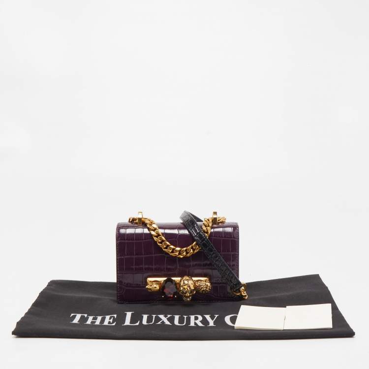 Pre Owned Alexander McQueen Purple Croc Embossed Leather Skull 4ring Shoulder Bag 