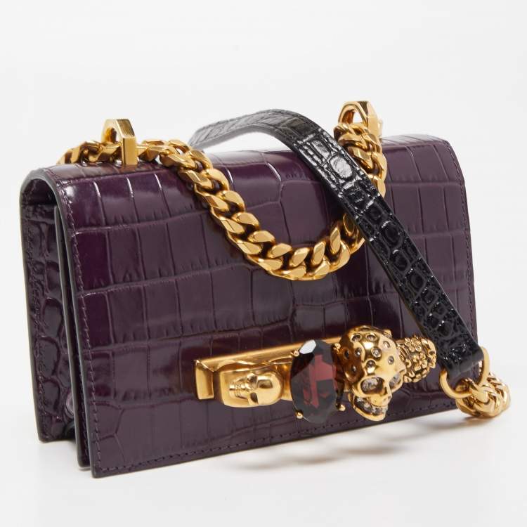 Pre Owned Alexander McQueen Purple Croc Embossed Leather Skull 4ring Shoulder Bag 