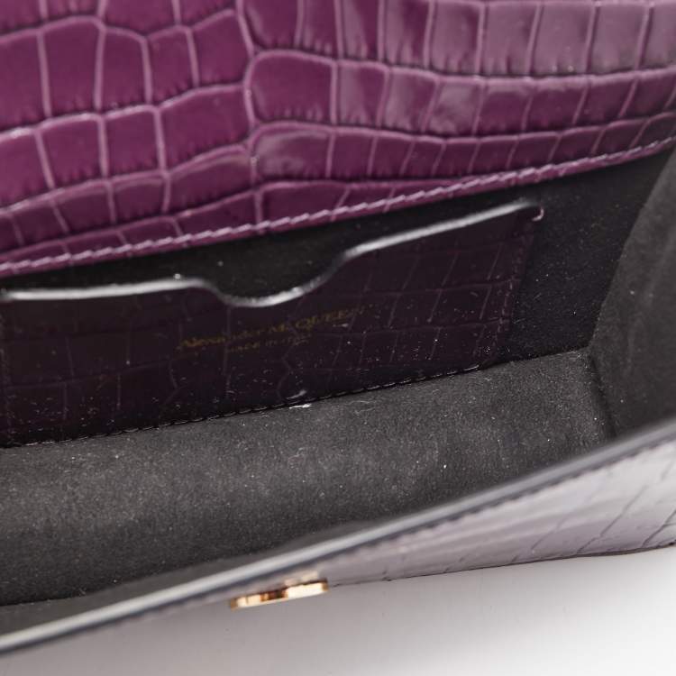 Pre Owned Alexander McQueen Purple Croc Embossed Leather Skull 4ring Shoulder Bag 