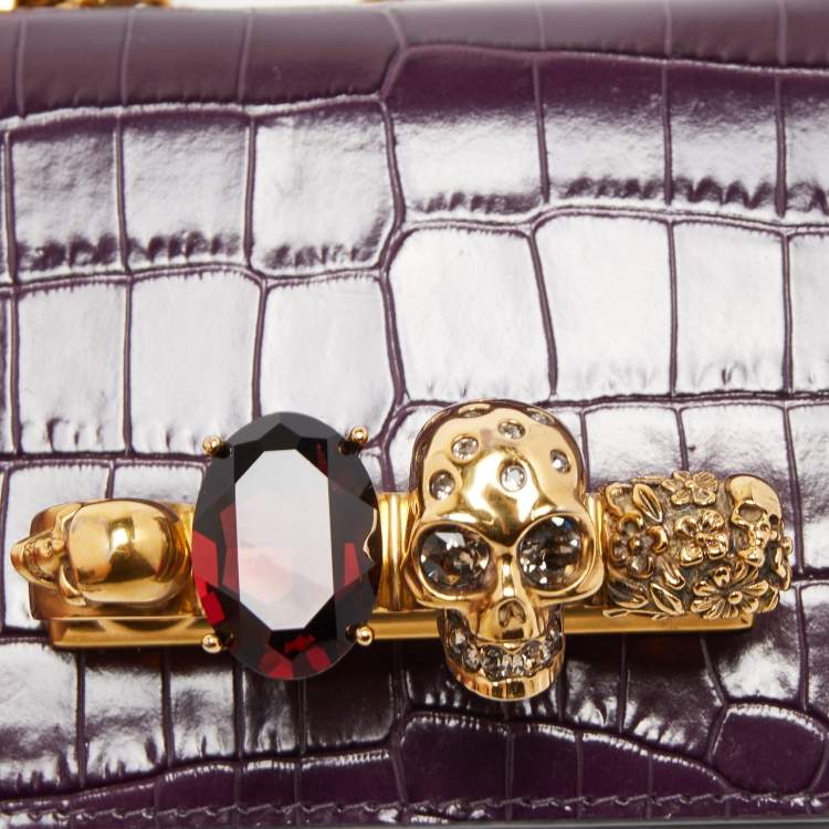 Pre Owned Alexander McQueen Purple Croc Embossed Leather Skull 4ring Shoulder Bag 
