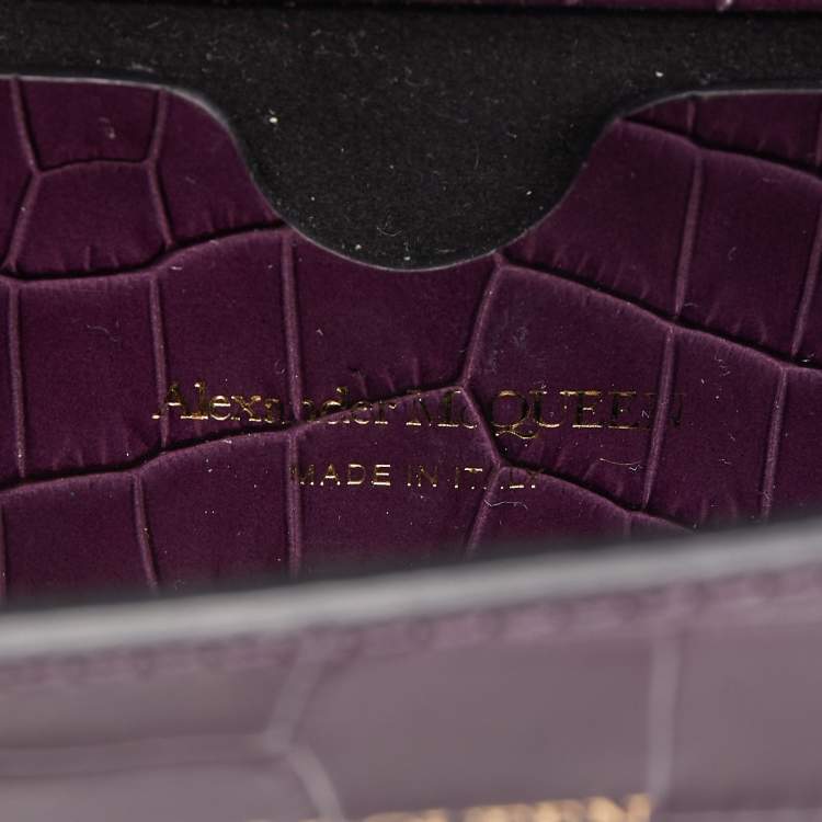Pre Owned Alexander McQueen Purple Croc Embossed Leather Skull 4ring Shoulder Bag 