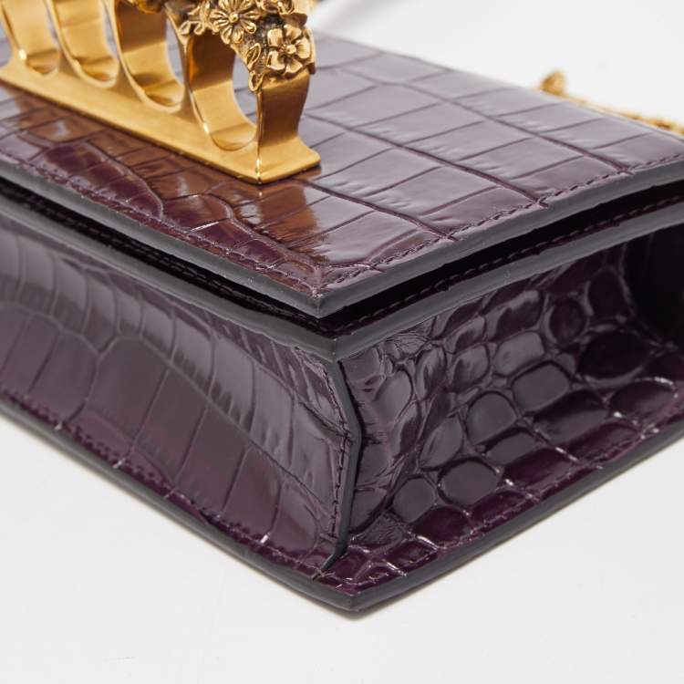 Pre Owned Alexander McQueen Purple Croc Embossed Leather Skull 4ring Shoulder Bag 