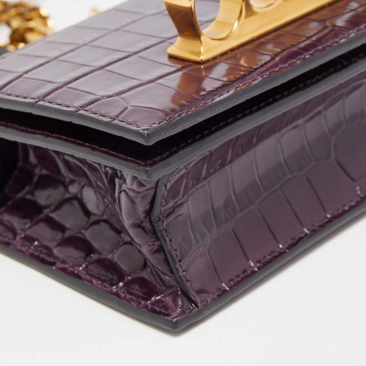 Pre Owned Alexander McQueen Purple Croc Embossed Leather Skull 4ring Shoulder Bag 