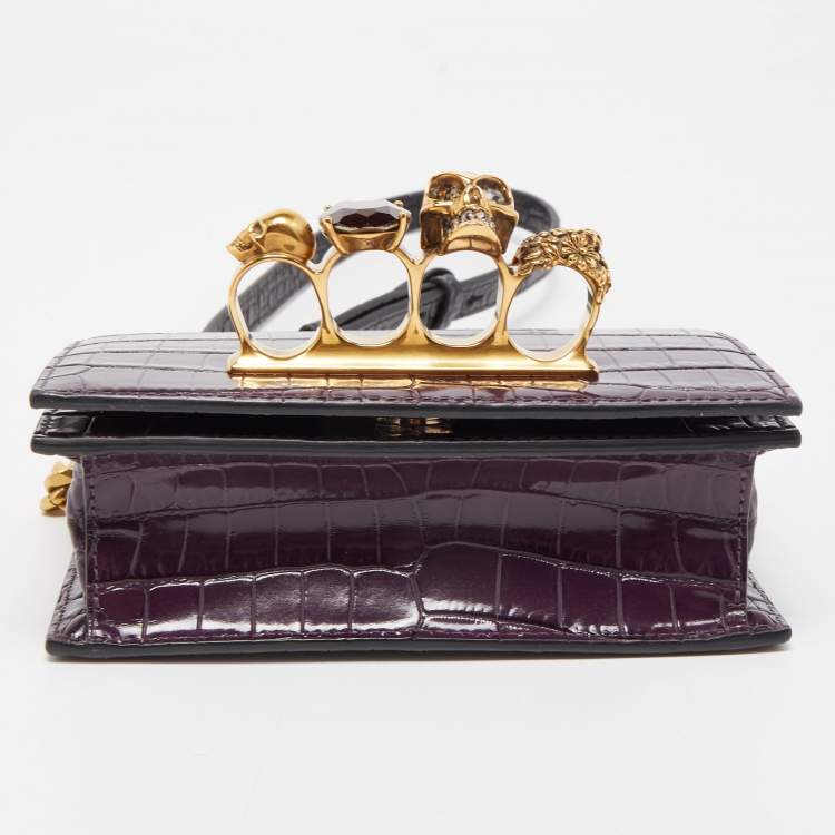 Pre Owned Alexander McQueen Purple Croc Embossed Leather Skull 4ring Shoulder Bag 