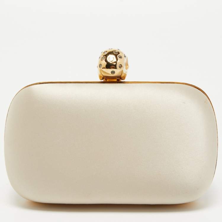 Pre Owned Alexander McQueen Off White Satin Skull Box Clutch