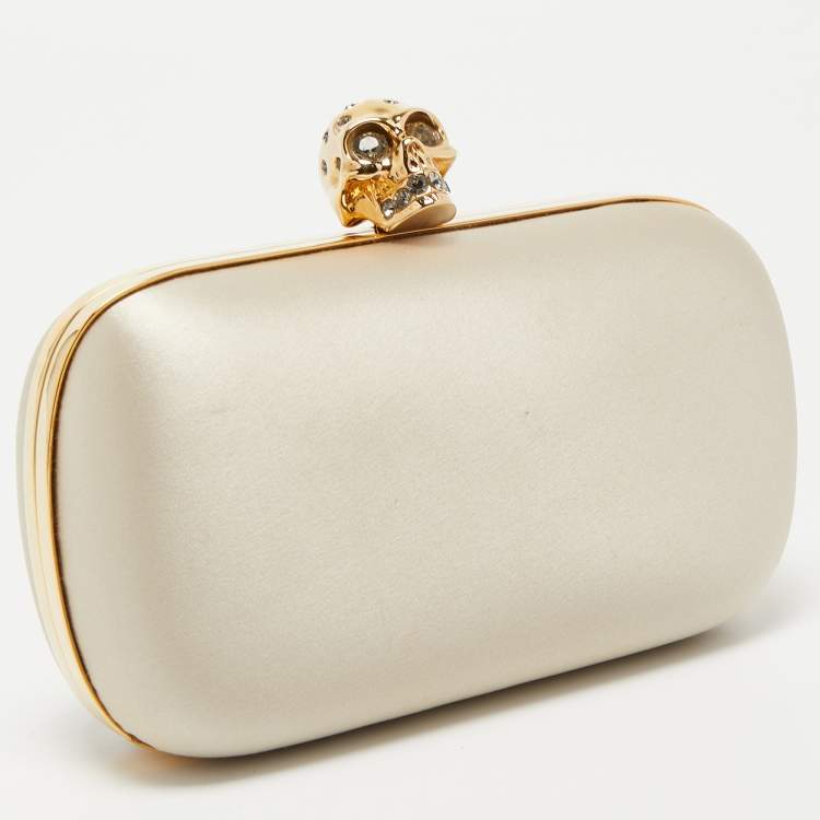 Pre Owned Alexander McQueen Off White Satin Skull Box Clutch
