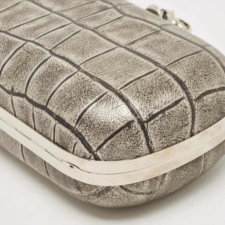 Pre Owned Alexander McQueen Grey/Black Croc Embossed Leather Skull Box Clutch