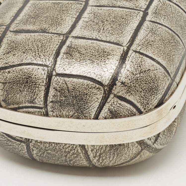 Pre Owned Alexander McQueen Grey/Black Croc Embossed Leather Skull Box Clutch