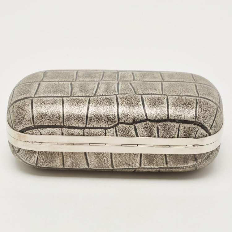 Pre Owned Alexander McQueen Grey/Black Croc Embossed Leather Skull Box Clutch