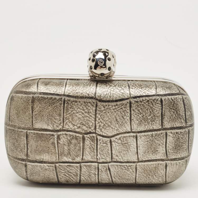 Pre Owned Alexander McQueen Grey/Black Croc Embossed Leather Skull Box Clutch