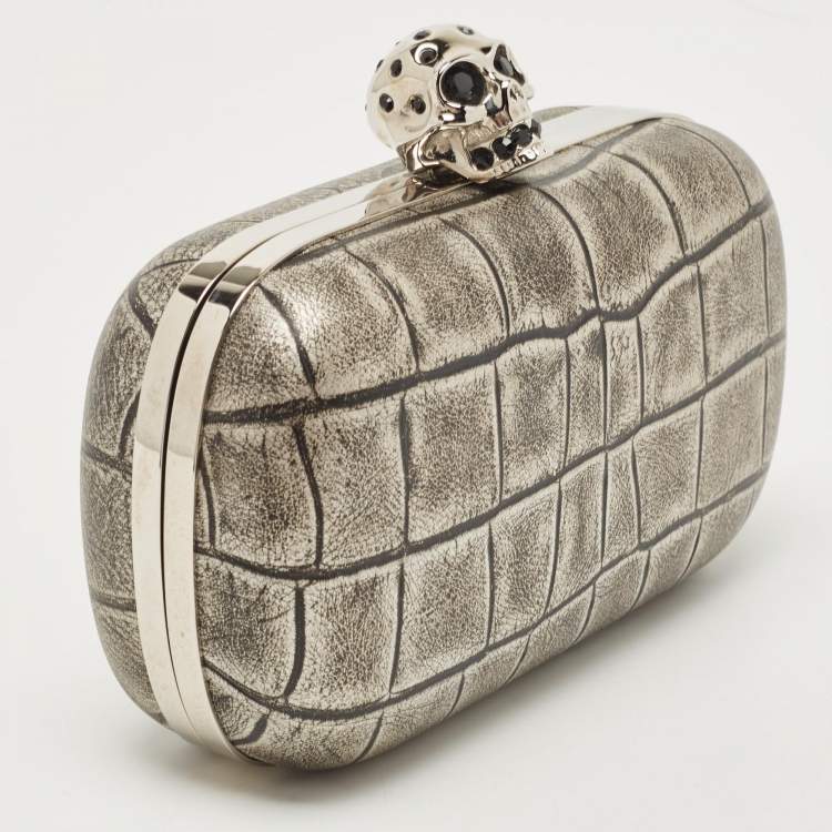 Pre Owned Alexander McQueen Grey/Black Croc Embossed Leather Skull Box Clutch