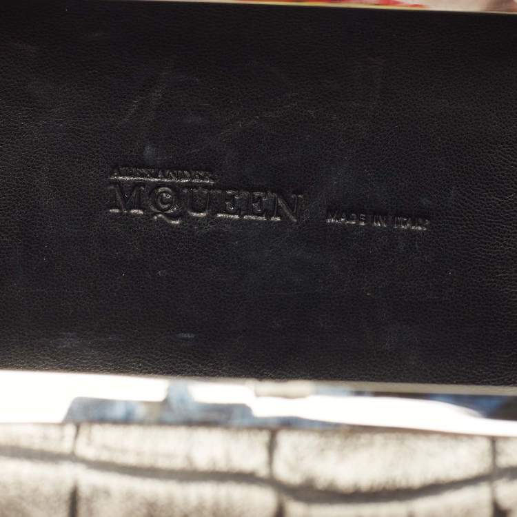 Pre Owned Alexander McQueen Grey/Black Croc Embossed Leather Skull Box Clutch