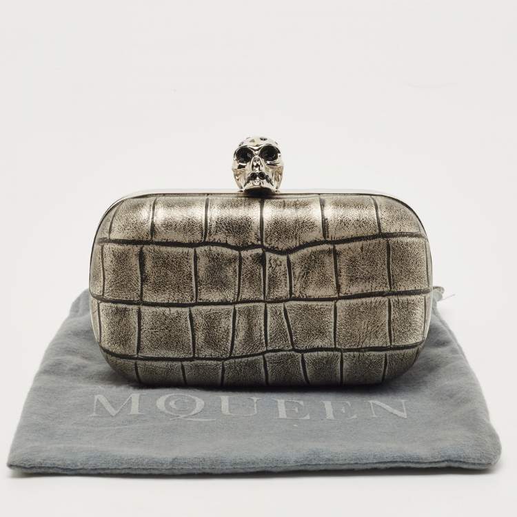 Pre Owned Alexander McQueen Grey/Black Croc Embossed Leather Skull Box Clutch