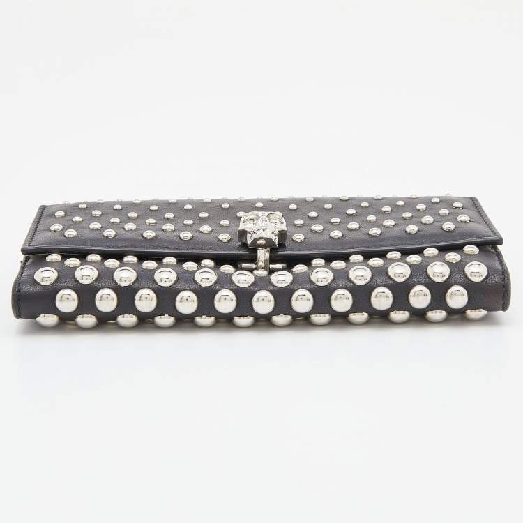 Pre Owned Alexander McQueen Black Leather Studded Skull French Wallet
