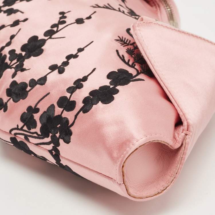 Pre Owned Alexander McQueen Pink/Black Embroidered Satin and Leather De Manta Clutch