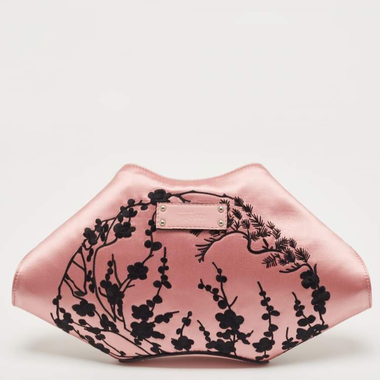 Pre Owned Alexander McQueen Pink/Black Embroidered Satin and Leather De Manta Clutch