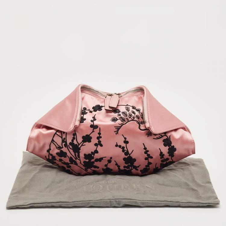 Pre Owned Alexander McQueen Pink/Black Embroidered Satin and Leather De Manta Clutch