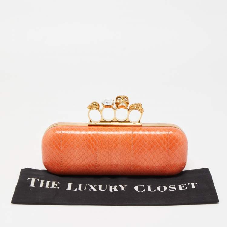 Pre Owned Alexander McQueen Orange Watersnake Leather Skull Knuckle Box Clutch