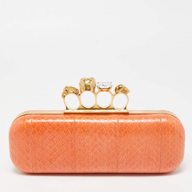Pre Owned Alexander McQueen Orange Watersnake Leather Skull Knuckle Box Clutch