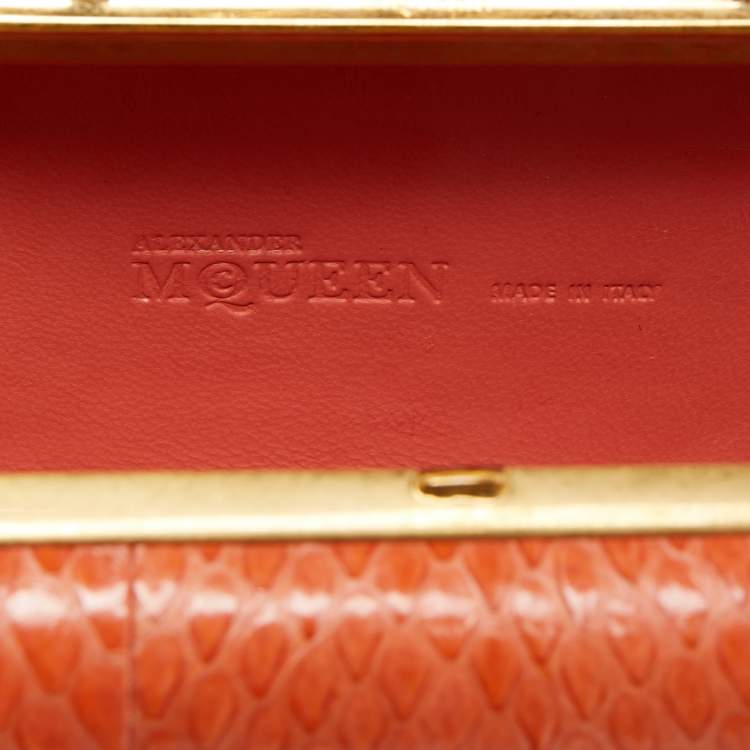 Pre Owned Alexander McQueen Orange Watersnake Leather Skull Knuckle Box Clutch