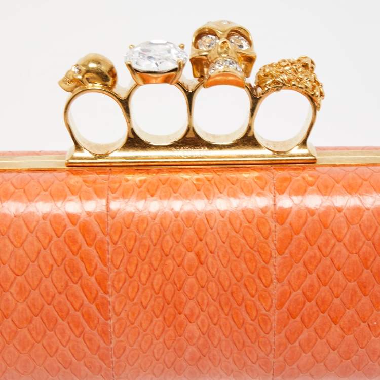Pre Owned Alexander McQueen Orange Watersnake Leather Skull Knuckle Box Clutch