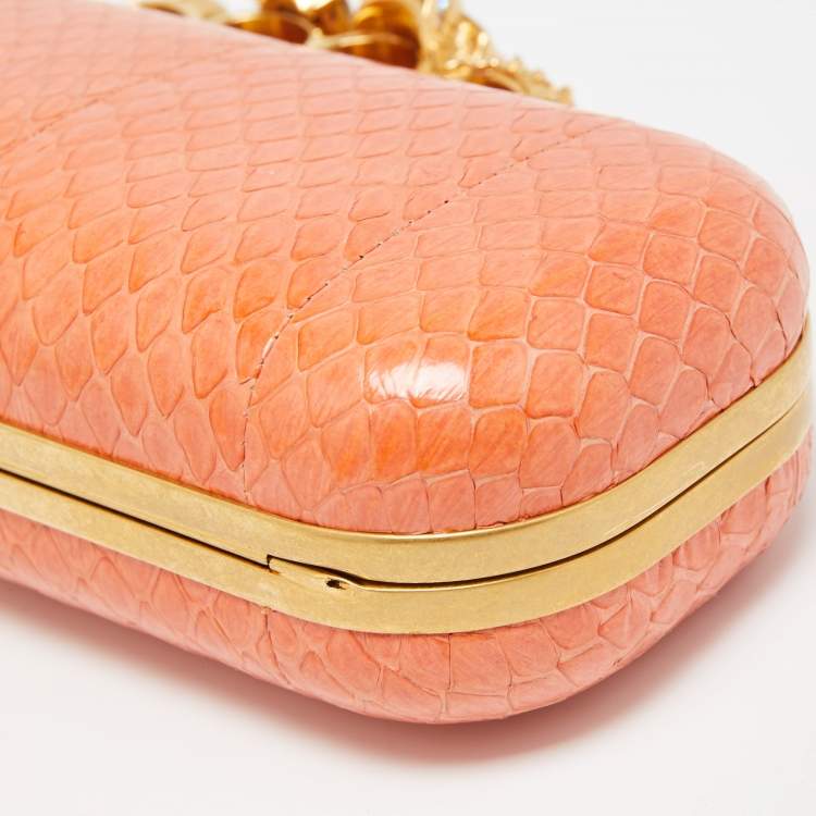 Pre Owned Alexander McQueen Orange Watersnake Leather Skull Knuckle Box Clutch