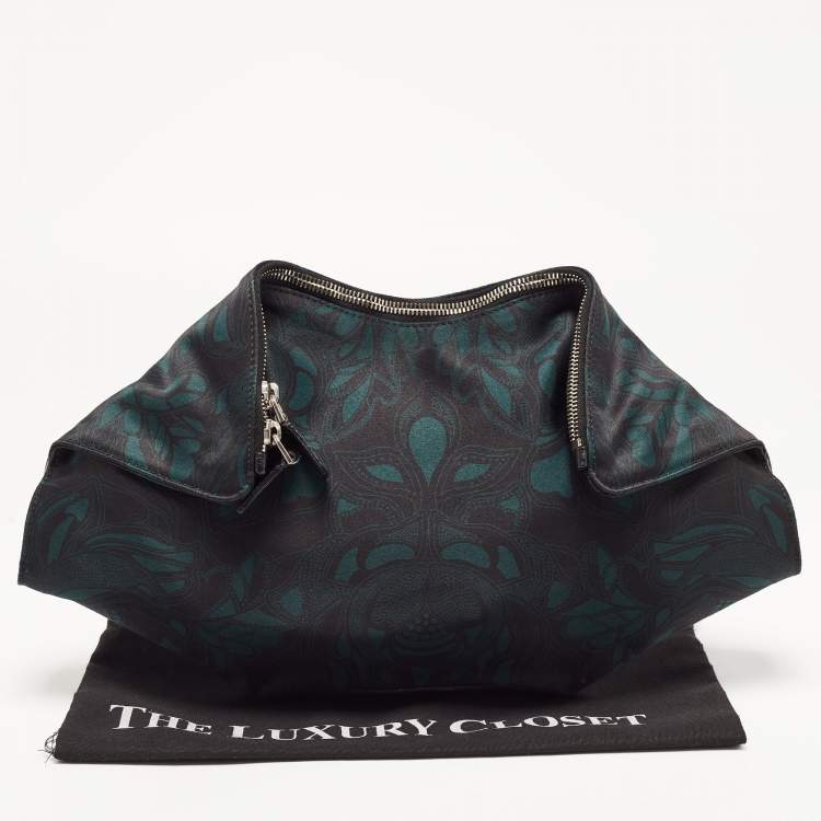 Pre Owned Alexander McQueen Black/Green Printed Satin and Leather De Manta Clutch