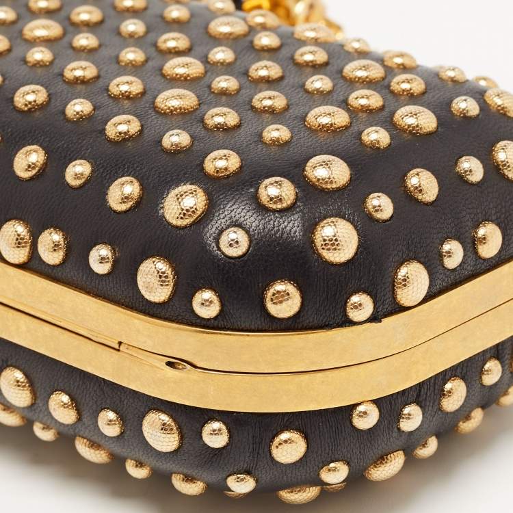 Pre Owned Alexander McQueen Black/Gold Leather Studded Four Ring Knuckle Clutch 