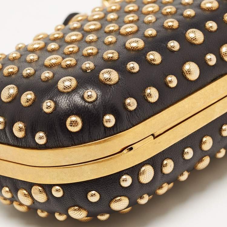Pre Owned Alexander McQueen Black/Gold Leather Studded Four Ring Knuckle Clutch 