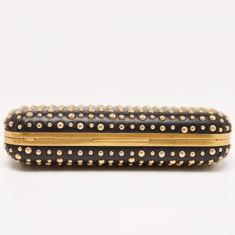 Pre Owned Alexander McQueen Black/Gold Leather Studded Four Ring Knuckle Clutch 