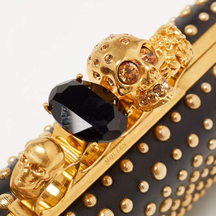 Pre Owned Alexander McQueen Black/Gold Leather Studded Four Ring Knuckle Clutch 