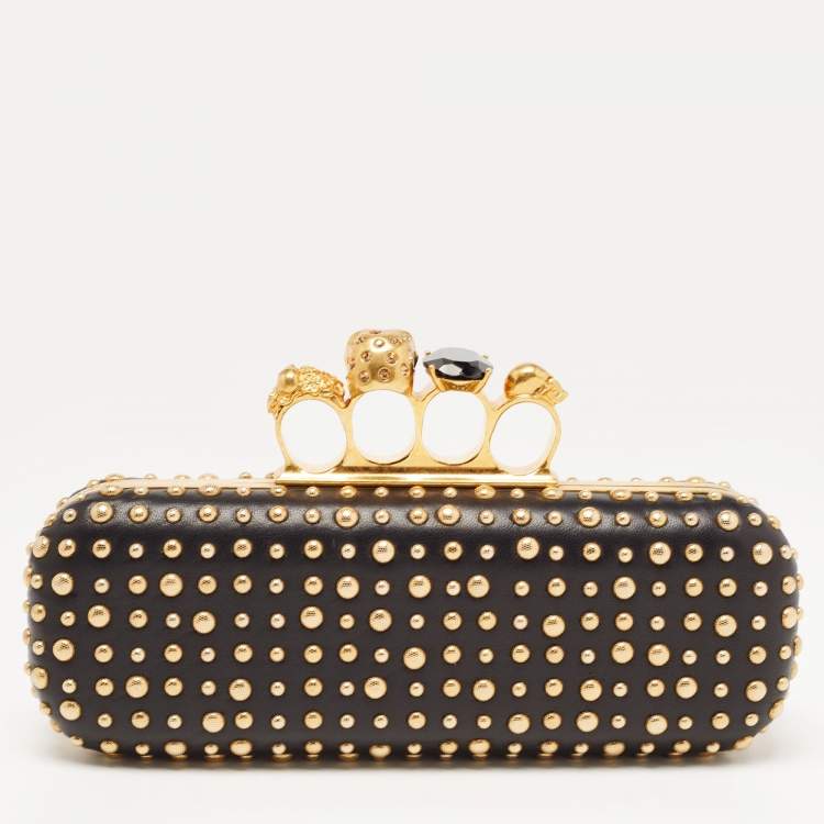 Pre Owned Alexander McQueen Black/Gold Leather Studded Four Ring Knuckle Clutch 