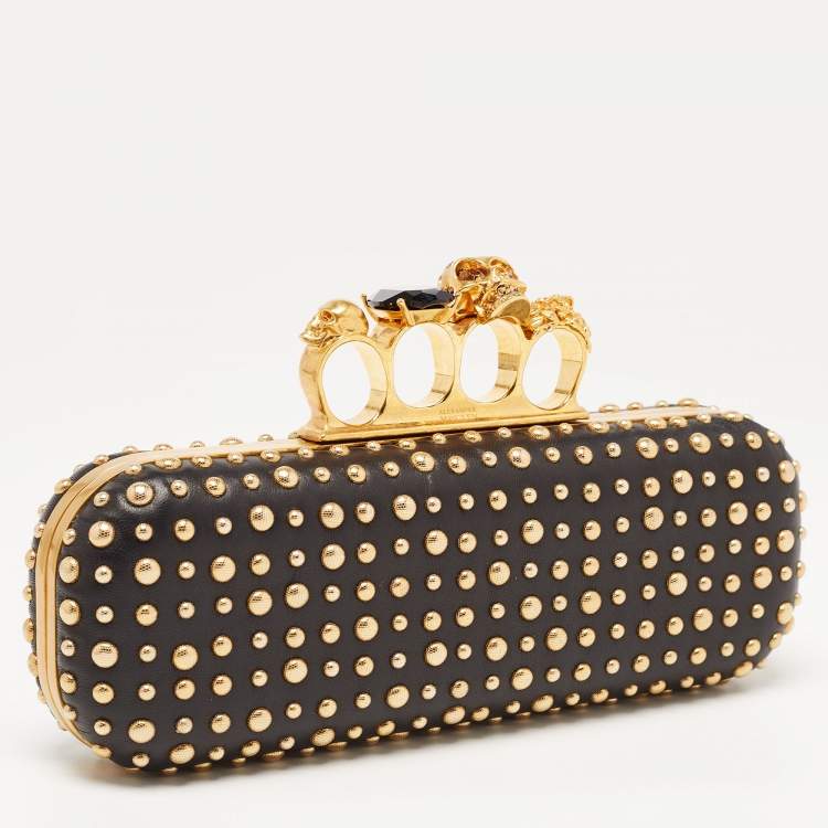 Pre Owned Alexander McQueen Black/Gold Leather Studded Four Ring Knuckle Clutch 