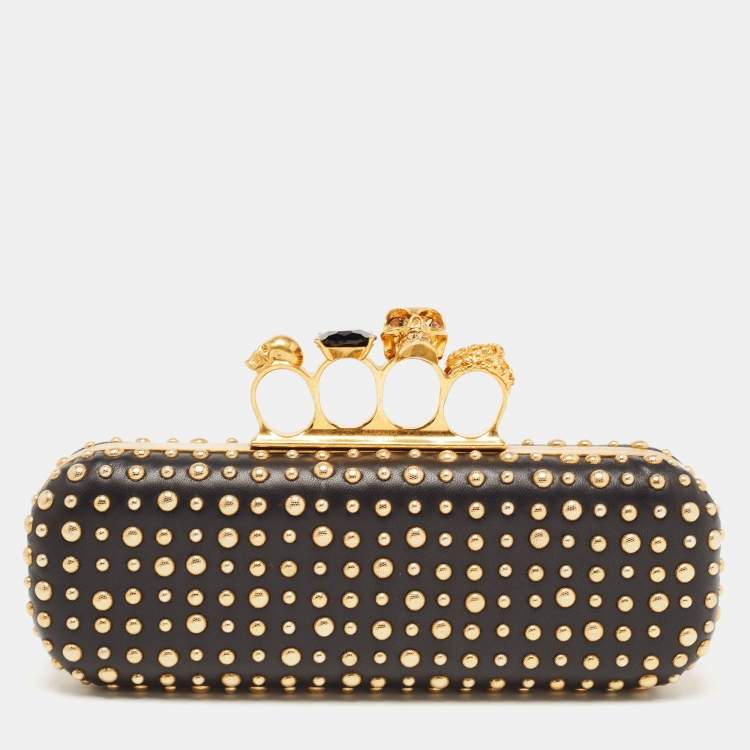 Pre Owned Alexander McQueen Black/Gold Leather Studded Four Ring Knuckle Clutch 
