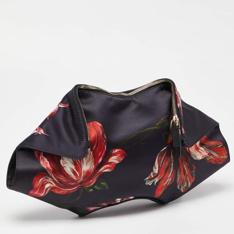 Pre Owned Alexander McQueen Black/Red Floral Print Satin and Leather Medium De Manta Clutch