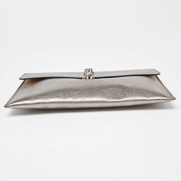 Pre Owned Alexander Mcqueen Silver Leather Skull Zip Pouch