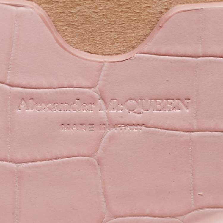 Pre Owned Alexander McQueen Pink Croc Embossed Leather Small Skull Shoulder Bag