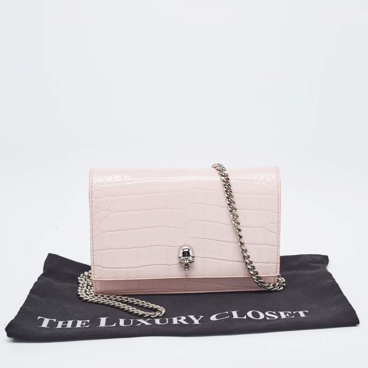 Pre Owned Alexander McQueen Pink Croc Embossed Leather Small Skull Shoulder Bag