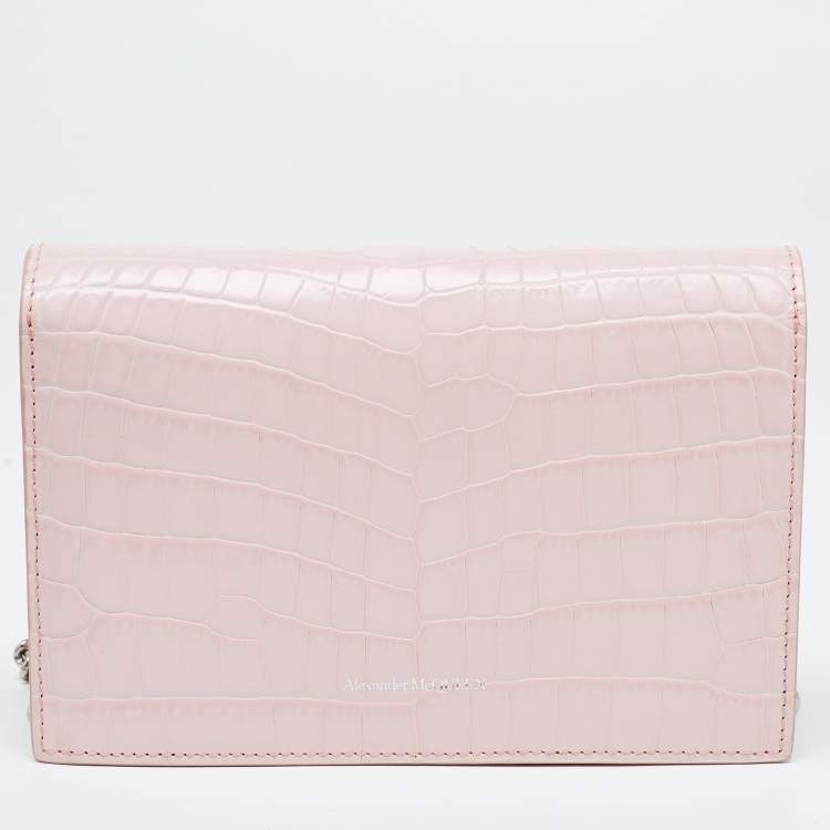 Pre Owned Alexander McQueen Pink Croc Embossed Leather Small Skull Shoulder Bag