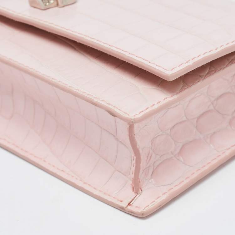 Pre Owned Alexander McQueen Pink Croc Embossed Leather Small Skull Shoulder Bag